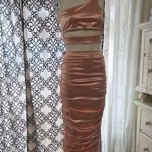 Goodtime USA One Shoulder Ruched Two Piece Skirt Set Rose Gold Small Party Club